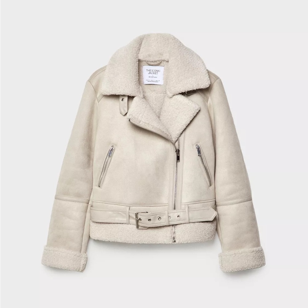 Stradivarius cream faux fur moto/biker jacket